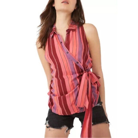 Free People Tops - Free People Mackenzie Striped Point Collar Sleeveless Tie Wrap Top - Size Small
